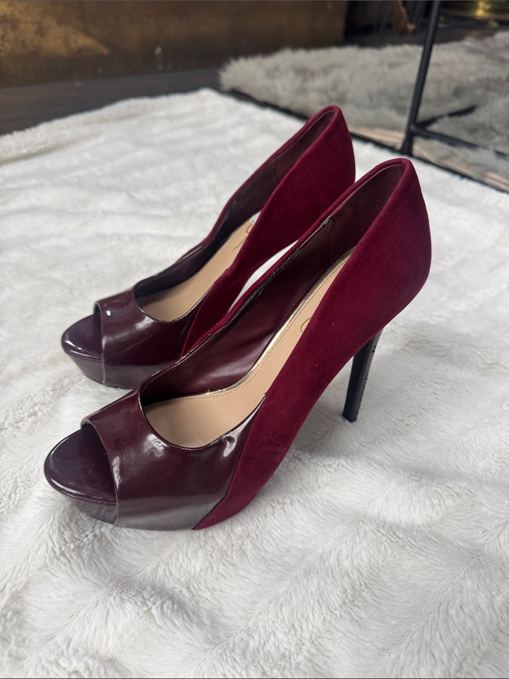 Burgundy Two-Tone Peep-Toe High Heels - Jessica Simpson